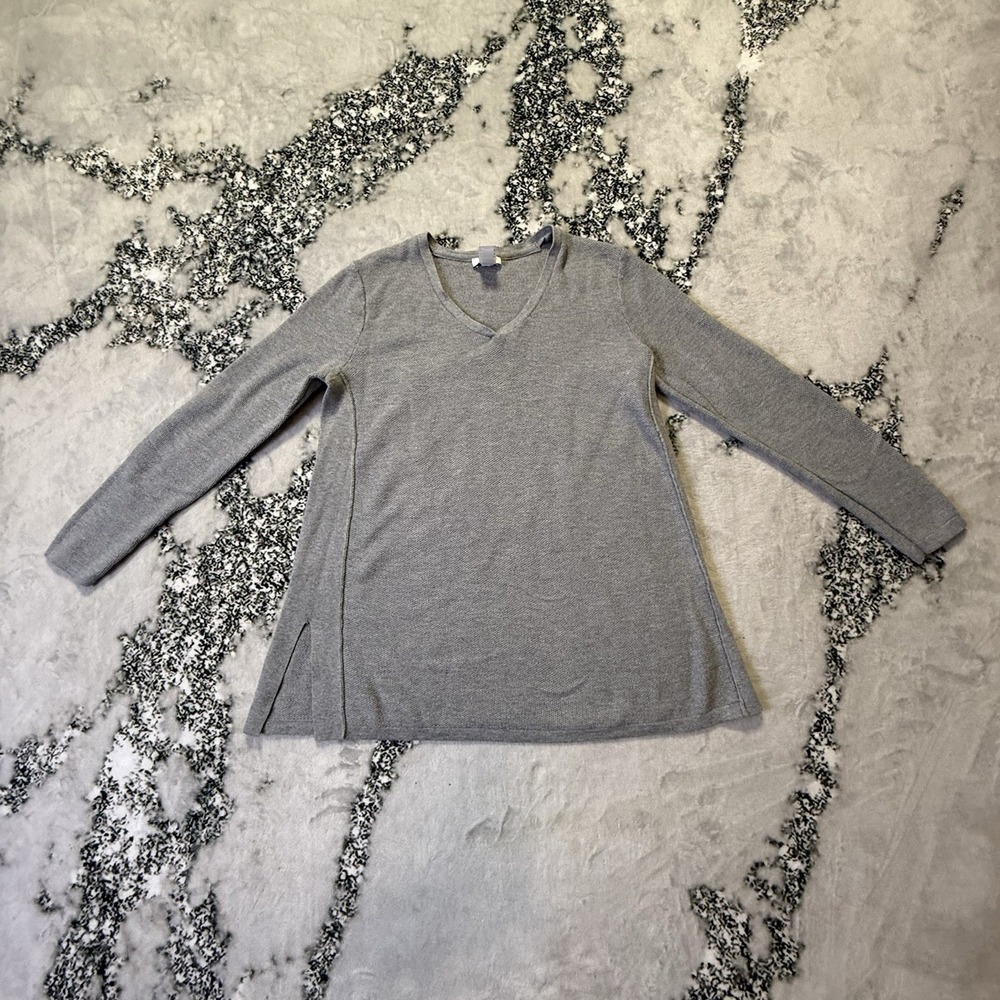 J. Jill Sweater Womens Size S Petite‎ Gray Side Slit Pullover Tight Knit V Neck